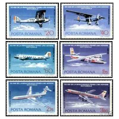 6 عدد تمبر پنجاهمین سالگرد تاسیس هواپیمایی ملی رومانی -  رومانی 1976