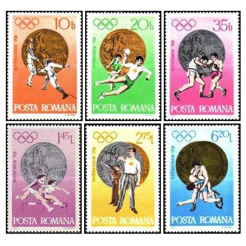 6 عدد تمبر برندگان مدال المپیک - مونیخ - رومانی 1972 6 عدد تمبر برندگان مدال المپیک - مونیخ - رومانی 1972