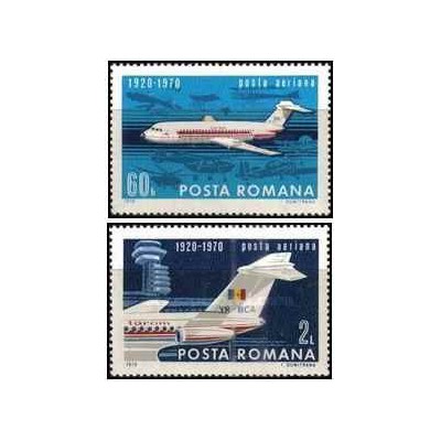 2 عدد تمبر پنجاهمین سالگرد حمل و نقل هوایی غیرنظامی در رومانی -  رومانی 1970