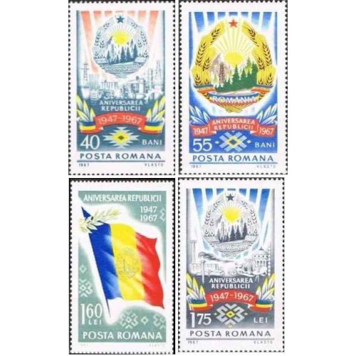4 عدد تمبر بیستمین سالگرد جمهوری خلق - رومانی 1967 4 عدد تمبر بیستمین سالگرد جمهوری خلق - رومانی 1967