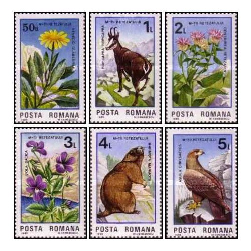 6 عدد تمبر گیاهان و جانوران - پنجاهمین سالگرد پارک ملی رتضت -  رومانی 1985
