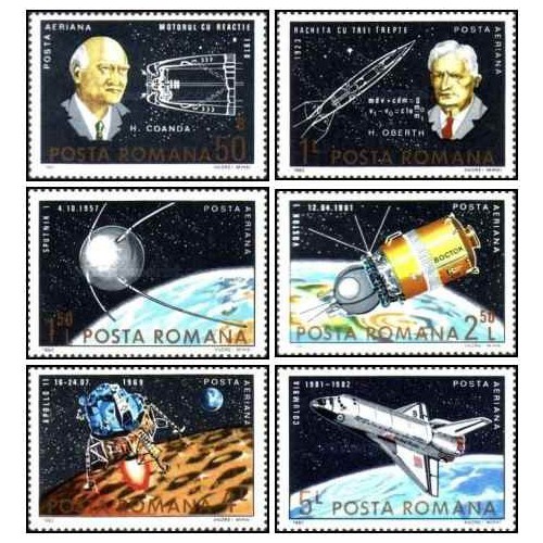 6 عدد تمبر پست هوایی - بیست و پنجمین سالگرد اکتشاف فضا -  رومانی 1983