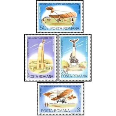 4 عدد تمبر صدمین سالگرد تولد اورل ولاسیو - هواپیماهای اولیه -  رومانی 1982