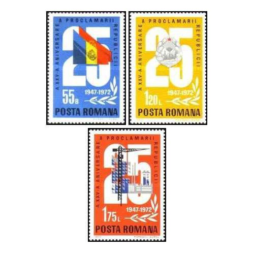 3 عدد تمبر بیست و پنجمین سالگرد جمهوری خلق- رومانی 1972 3 عدد تمبر بیست و پنجمین سالگرد جمهوری خلق- رومانی 1972