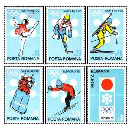 6 عدد تمبر بازی های المپیک زمستانی - ساپورو، ژاپن - رومانی 1971