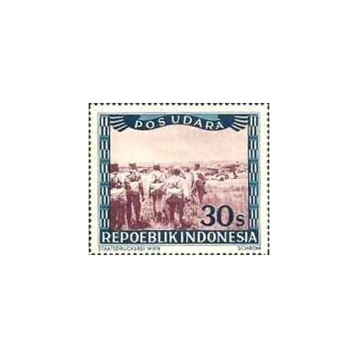 1 عدد تمبر سری پستی - هوائی- با نوشته پست اودارا - 30 سن - جمهوری اندونزی 1947 با شارنیه