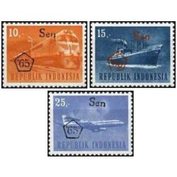 3 عدد تمبر سری پستی - حمل و نقل و ترافیک - سال 65 چاپ شد و سورشارژ با ارز جدید- اندونزی 1966 