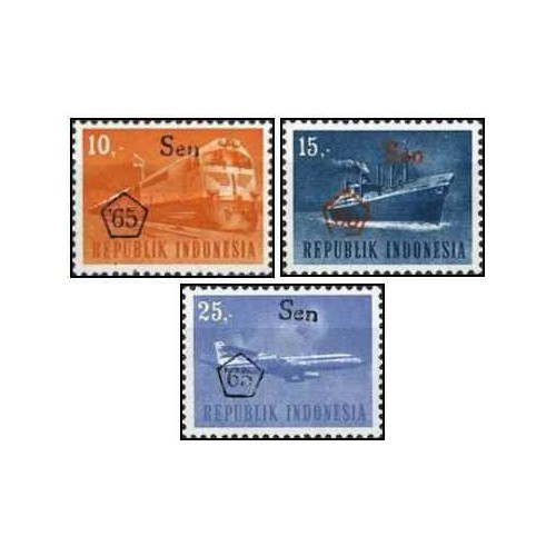 3 عدد تمبر سری پستی - حمل و نقل و ترافیک - سال 65 چاپ شد و سورشارژ با ارز جدید- اندونزی 1966 