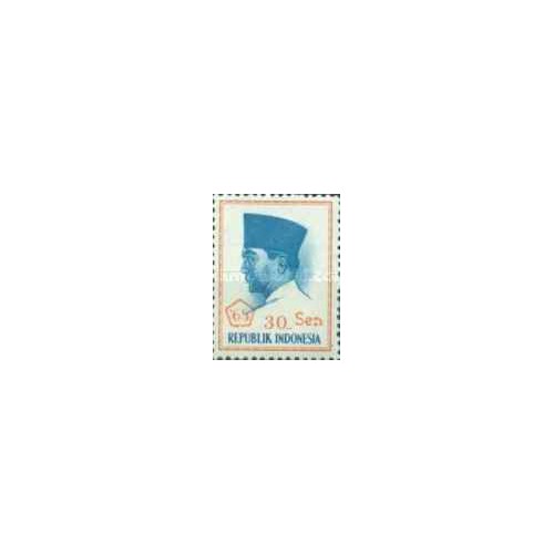 1 عدد تمبر سری پستی - پرزیدنت سوکارنو - سال 65 چاپ شد و سورشارژ با ارز جدید-30سن- اندونزی 1966 چسب مایل به زرد