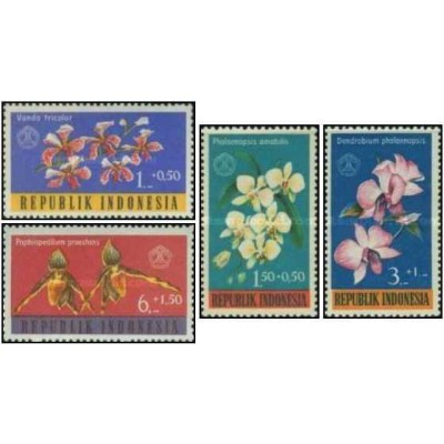 4 عدد  تمبر  خیریه -گلهای ارکیده سورشارژ شده- اندونزی 1962