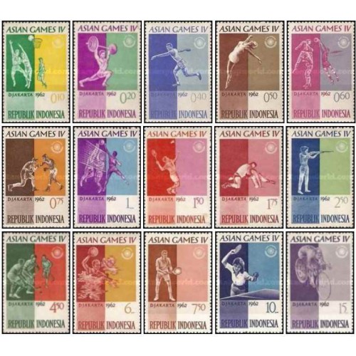 15 عدد تمبر چهارمین دوره بازی های آسیایی جاکارتا - اندونزی 1962 15 عدد تمبر چهارمین دوره بازی های آسیایی جاکارتا - اندونزی 1962