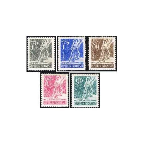 5 عدد  تمبر سری پستی - جنگجو کشاتریا - اندونزی 1953 چسب تا حدودی قهوه ای