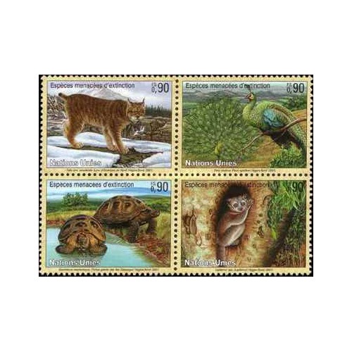 4 عدد  تمبر حیوانات در خطر انقراض - ژنو سازمان ملل 2001 ارزش روی تمبر 3.6 فرانک سوئیس