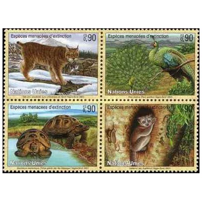 4 عدد  تمبر حیوانات در خطر انقراض - ژنو سازمان ملل 2001 ارزش روی تمبر 3.6 فرانک سوئیس