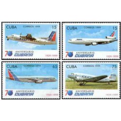 4 عدد  تمبر هفتادمین سالگرد تاسیس خطوط هوایی کوبا - کوبا 1999