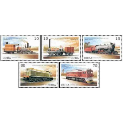 5 عدد  تمبر لوکوموتیوهای راه آهن - کوبا 1997