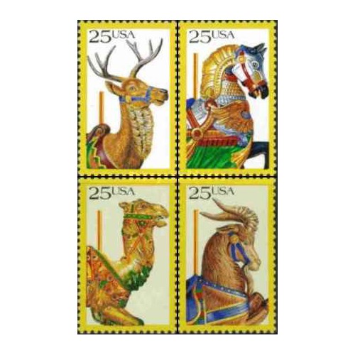 4 عدد  تمبر  هنر عامیانه آمریکایی - حیوانات چرخ فلک  - آمریکا 1988