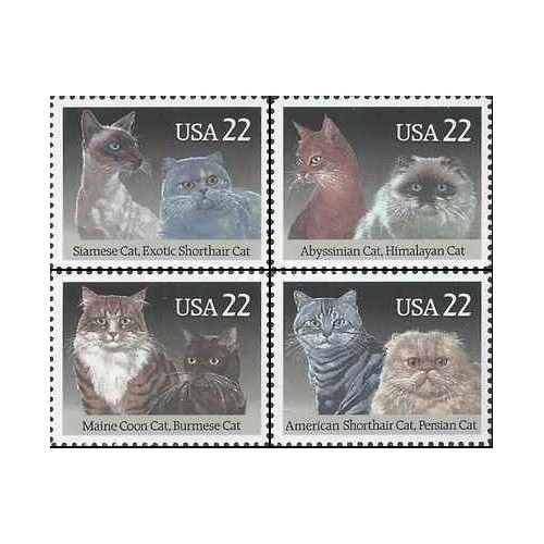 4 عدد  تمبر  گربه ها - یکی از تمبرها گربه ایرانی - آمریکا 1988