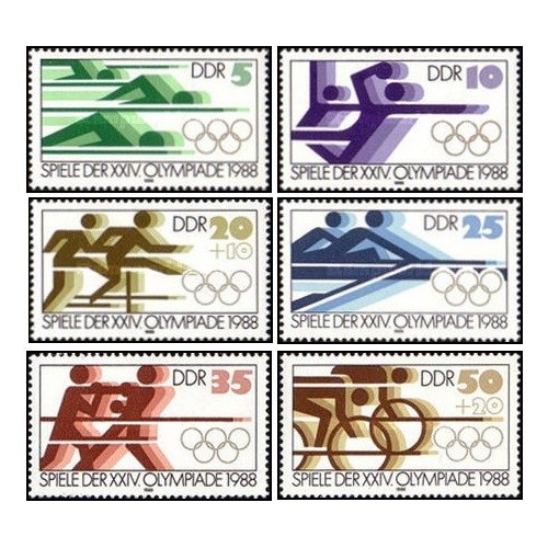 6 عدد  تمبر بازی های المپیک - سئول، کره جنوبی - جمهوری دموکراتیک آلمان 1988