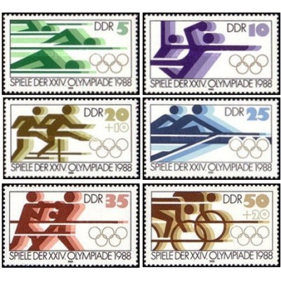 6 عدد  تمبر بازی های المپیک - سئول، کره جنوبی - جمهوری دموکراتیک آلمان 1988