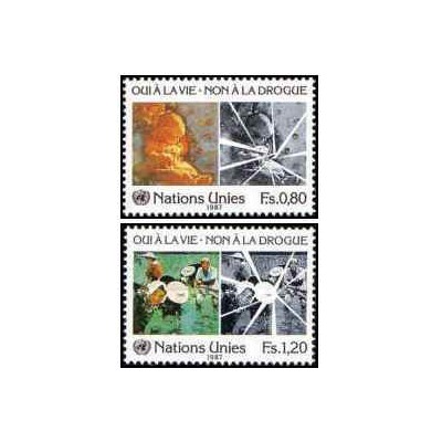 2 عدد  تمبر مبارزه با سوء مصرف مواد مخدر - ژنو سازمان ملل 1987 ارزش روی تمبر 2.2 دلار