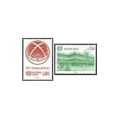 2 عدد تمبر مرکز انجمن بین المللی کار - ژنو سازمان ملل 1985 ارزش روی تمبر 2.2 دلار