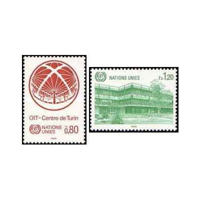 2 عدد تمبر مرکز انجمن بین المللی کار - ژنو سازمان ملل 1985 ارزش روی تمبر 2.2 دلار
