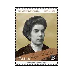 1 عدد تمبرصد و پنجاهمین سالگرد تولد گرازیا دلددا - نویسنده - خودچسب-  ایتالیا 2021 ارزش روی تمبر 1.1 یورو