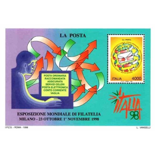سونیرشیت نمایشگاه جهانی تمبر، میلان - روز اداره پست - ایتالیا 1998 قیمت 4.6 دلار