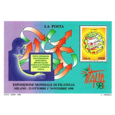 سونیرشیت نمایشگاه جهانی تمبر، میلان - روز اداره پست - ایتالیا 1998 قیمت 4.6 دلار